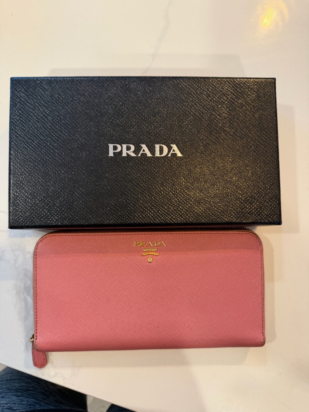 Prada Pink Saffiano Zip-Around Wallet with Gold Logo